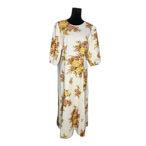 Nwt Sézane Jiana Ella Floral Linen Blend Puff Sleeves Open Back Midi Dress US 10 - Picture 3 of 12